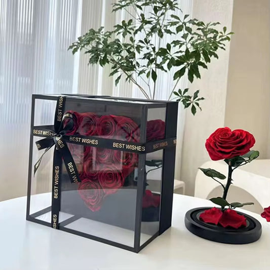 GiftKart Royal Valentine’s Set – Preserved Heart Roses & Glass Dome